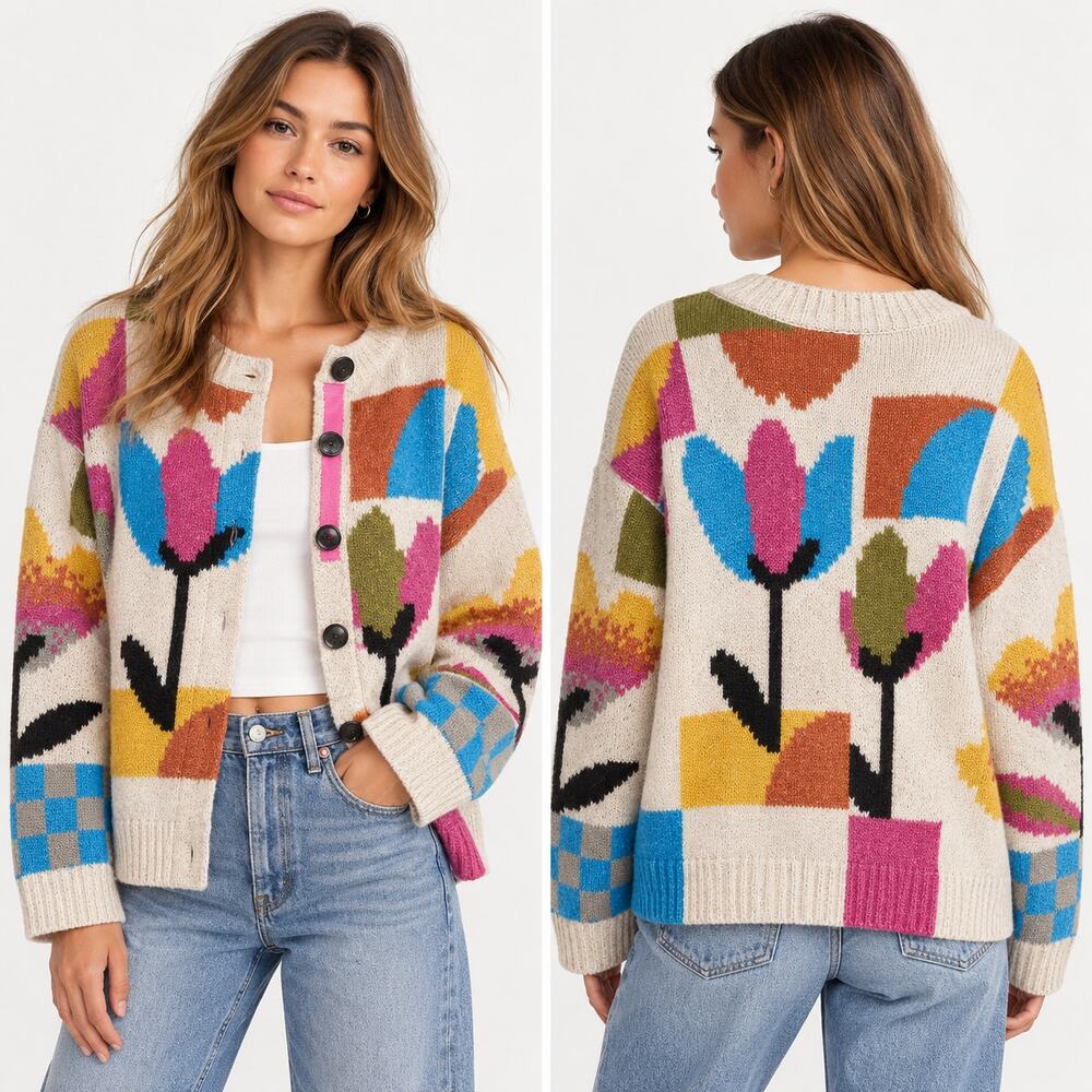 Free People Tulip Whirl Cardigan Womens Medium Floral Oversized Chunky Knit
